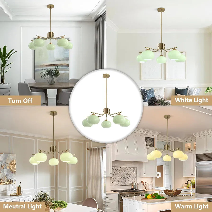 KCO Lighting Green Glass Pendant Light 5 Lights Large Globe Chandelier Brushed Brass Sputnik Chandeliers Mid Century Modern Chandelier Light Fixture for Dining Room Bedroom