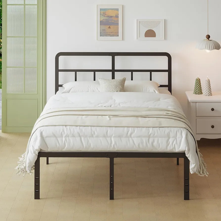 Lutown-Teen Metal Double Bed Frame with Headboard, 36 cm High, White