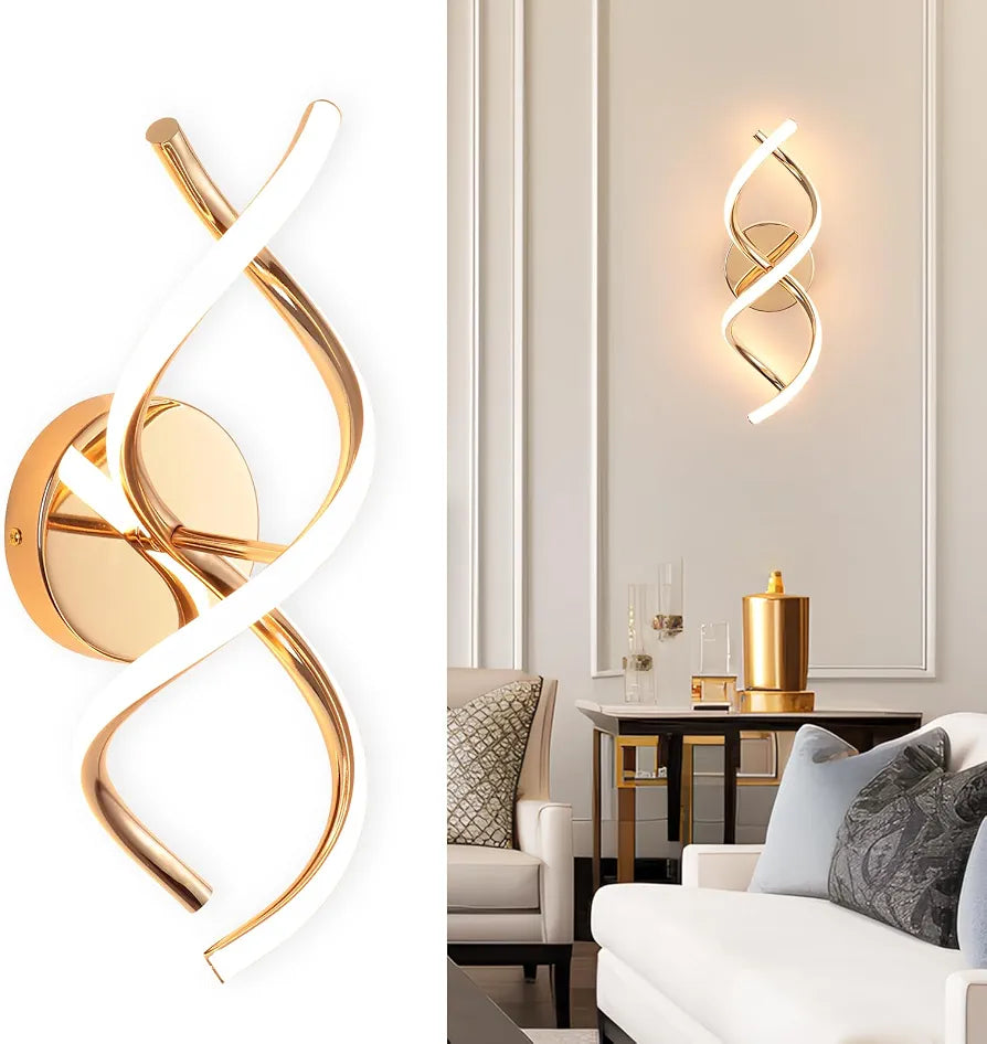 EIDISUNY Wall Lamp LED Gold Modern Elegant Spiral Indoor Wall Lights for Bedside Bedroom Living Room Hallway Wall Lighting Fixture Warm White Light 24W