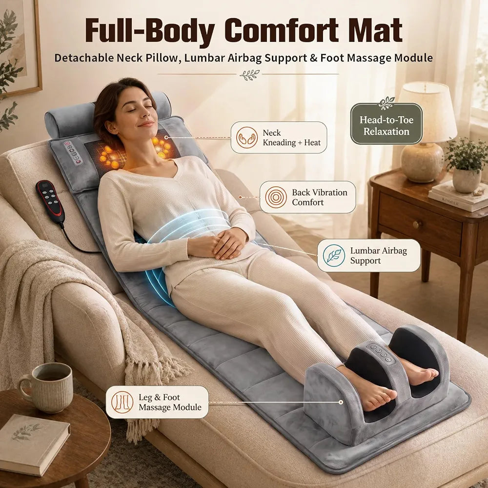 Full Body Massage Mattress – Heated Massage Mat with Detachable Foot Massager, 9 Vibrating Modes, 3 Heat Settings, Relieves Muscle Tension for Back, Neck & Legs, Timer