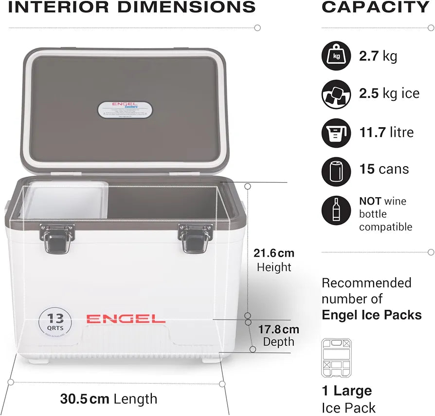 ENGEL Cooler Box 12.3 L - Leak-Proof, Drybox Cooler for Camping, Fishing, Hiking,Picnic - Mini Ice Boxes for 15 Cans, 38 x 25.4 x 28.5 CM - Small Cool Box for Drinks and Food