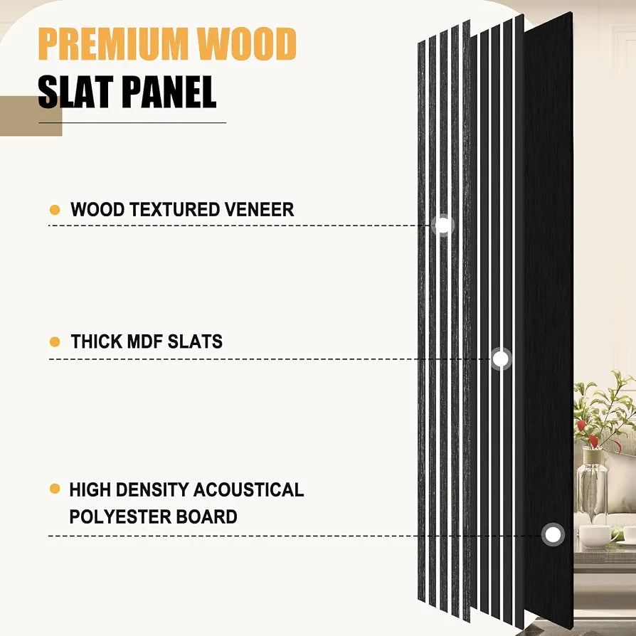 DOLLAR BOSS Wood Panels for Walls, Acoustic Wall Panels 240x20cm 2 Pack, Sound Absorbing Wooden Slats, Decorative 3D Wall Panels, Modern Wall Decor for Office, Bedroom, Kitchen Black