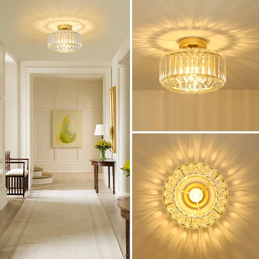 Rayofly Modern Crystal Chandeliers, Gold Ceiling Light Fitting with Glass Lampshade, Semi Flush Lights for Living Room, Bedroom, Kitchen, Hallway, Bathroom