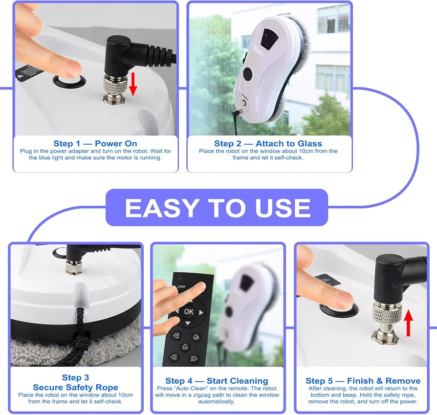 Robot Window Cleaner with Automatic Spraying System, 5600Pa Suction Power Window Cleaning Robot, Remote Control, 4M Safety Rope, Electric Glass Cleaner for Windows, Doors and Tiles