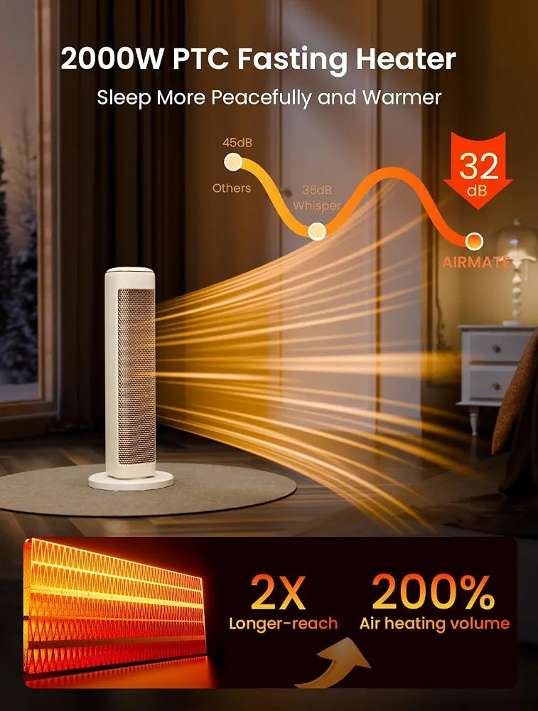 AIRMATE 25 Inch Electric Heater for Home Low Energy, 2000W Tower Space Heater, 80° Oscillating Portable Heaters, 5 Modes 24H Timer Overheat Tip Over Protection Ceramic Room Heater for Office Bedroom