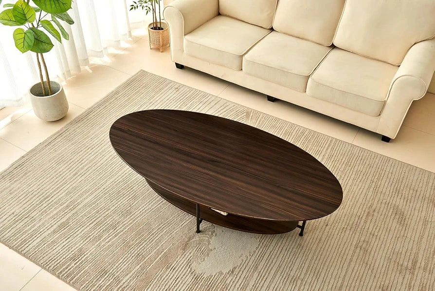 Oval Ash wood Double-Layer Design Coffee Table;Mid Century Modern Style Centre Table for Living Room Furniture;Solid Wood Cocktail Table;Modern Sofa Coffee Side Table-Brown