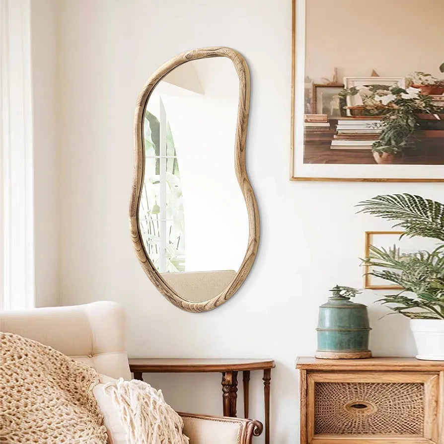 Irregular Mirror Farmhuose Rustic Bathroom Vanity Mirrors Asymmetrical Wall Mirror Natural Wood Abstract Mirrors for Wall Decor Living Room Bedroom
