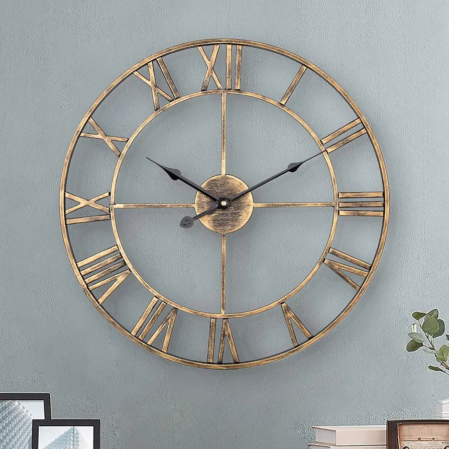 Silent Metal Skeleton Wall Clock, 60cm European Farmhouse Vintage Clock with Roman Numeral, Non-Ticking Battery Operated Hanging Wall Clock for Home Kitchen Cafe Hotel Office Decor