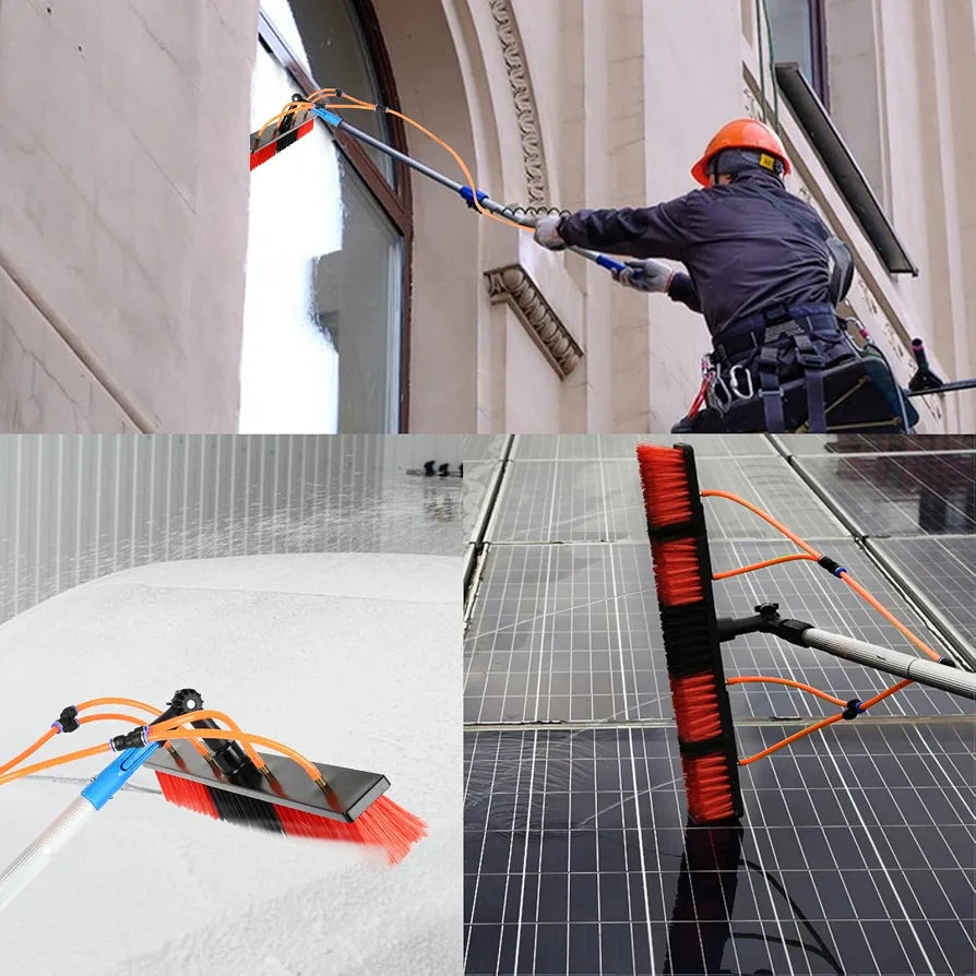 Photovoltaic Panel Cleaning Tool, 5~10M Adjustable Window Cleaning Pole, Water Fed Telescopic Brush, Solar Panel Spray Washer, Cleaning Broom with 35/55cm 180° Rotatable Brush Head 