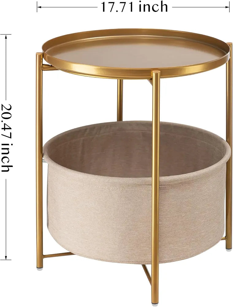 danpinera Gold Side Table with Basket, Small Round Table for Living Room