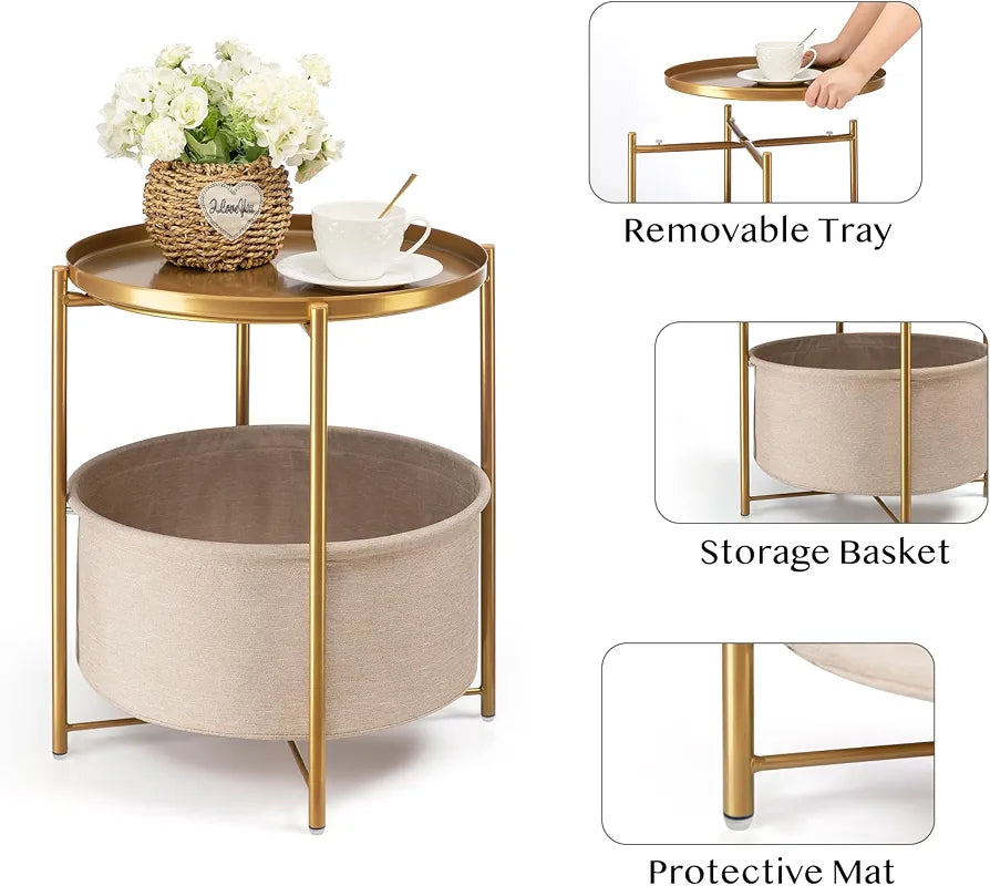 danpinera Gold Side Table with Basket, Small Round Table for Living Room