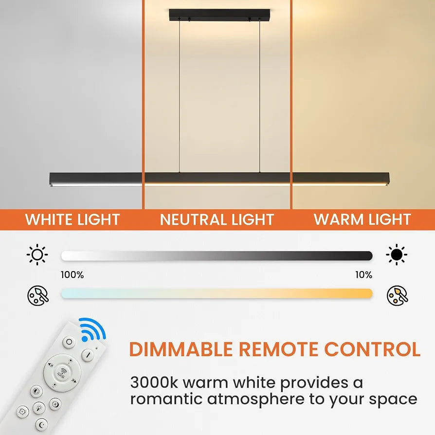 Mikeru 150cm Linear Pendant Light, Kitchen Island Lighting 10% to 100% Dimmable Hanging Adjustable Lamp with Remote Control  3000k/4500k/6000k for Dining Room, Home Decor