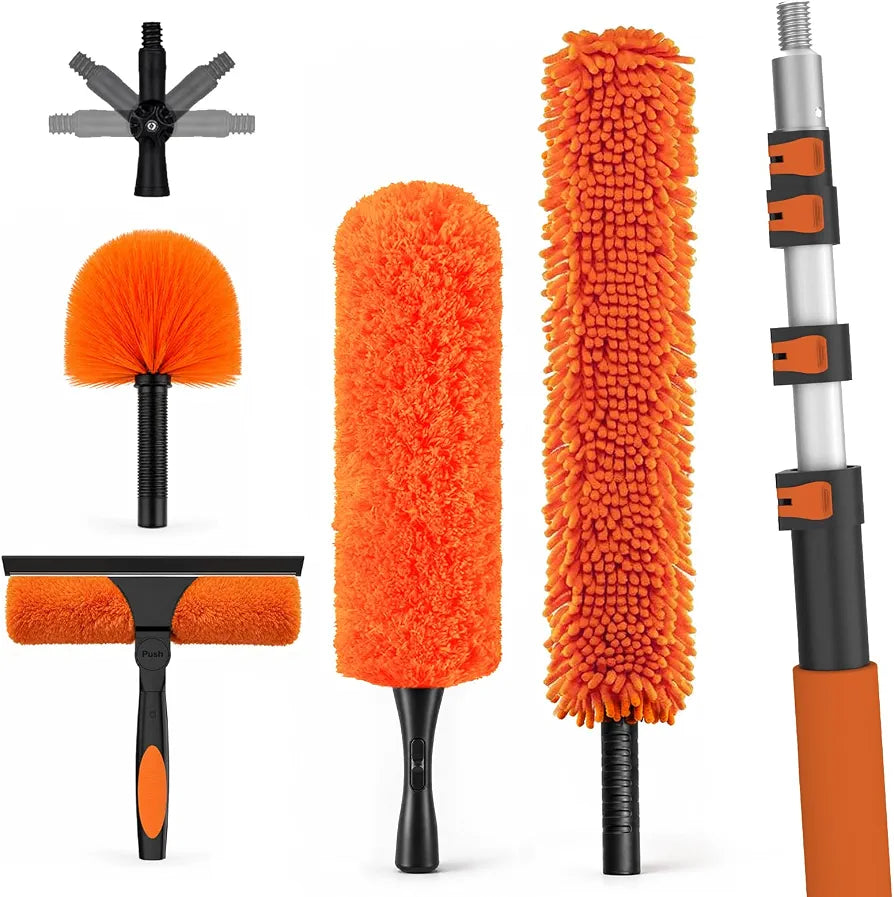 LAANPOLE 9m Feather Duster Kit with Telescopic Pole, Extendable Microfiber Duster for High Ceiling, Long Handled Duster Kit with Cobweb Brush & Telescopic Window Cleaner