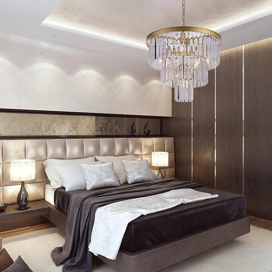 Wellmet 20 inch Gold Crystal Chandelier, 3-Tier Contemporary Modern Bathroom Chandeliers, 7-Light Adjustable Hanging Round Ceiling Light for Bedroom, Entryway, Dining Room, Girls Room, Foyer