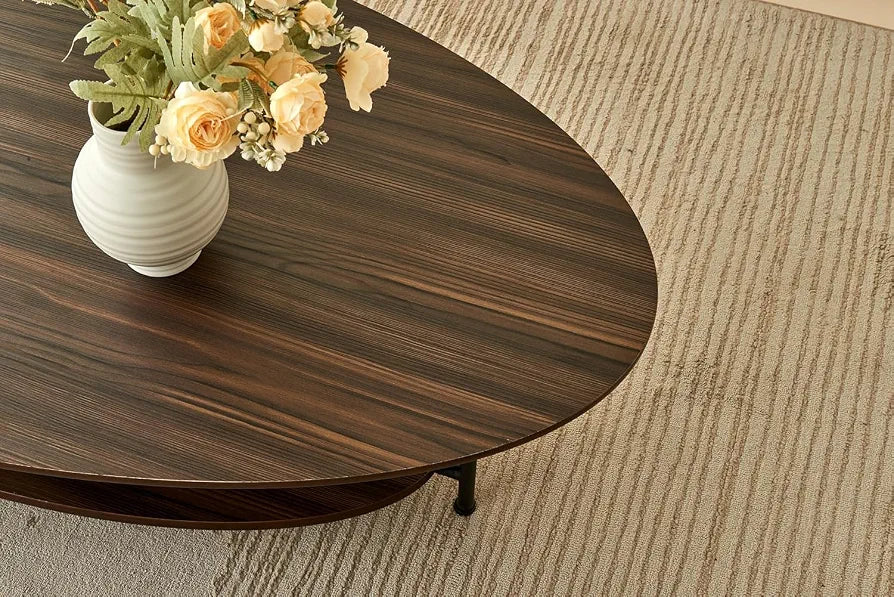 Oval Ash wood Double-Layer Design Coffee Table;Mid Century Modern Style Centre Table for Living Room Furniture;Solid Wood Cocktail Table;Modern Sofa Coffee Side Table-Brown