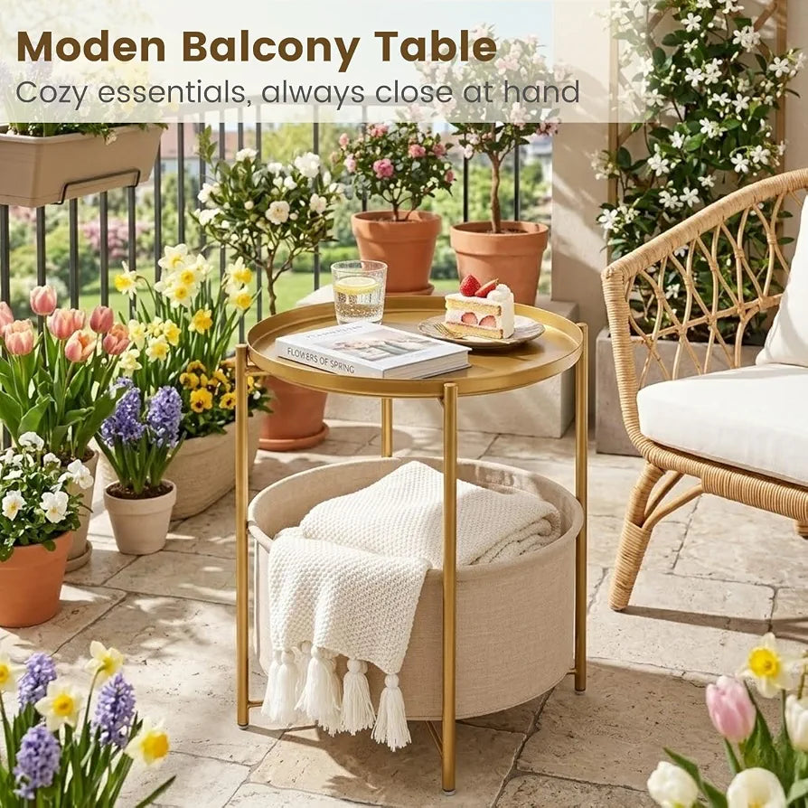 danpinera Gold Side Table with Basket, Small Round Table for Living Room