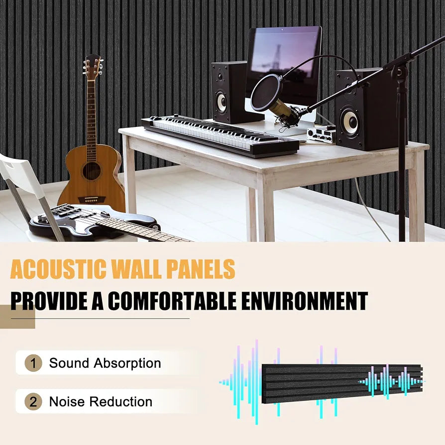DOLLAR BOSS Wood Panels for Walls, Acoustic Wall Panels 240x20cm 2 Pack, Sound Absorbing Wooden Slats, Decorative 3D Wall Panels, Modern Wall Decor for Office, Bedroom, Kitchen Black