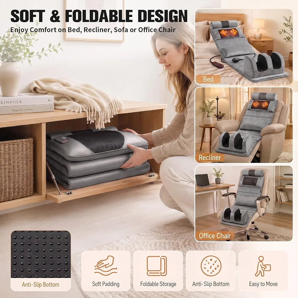 Full Body Massage Mattress – Heated Massage Mat with Detachable Foot Massager, 9 Vibrating Modes, 3 Heat Settings, Relieves Muscle Tension for Back, Neck & Legs, Timer