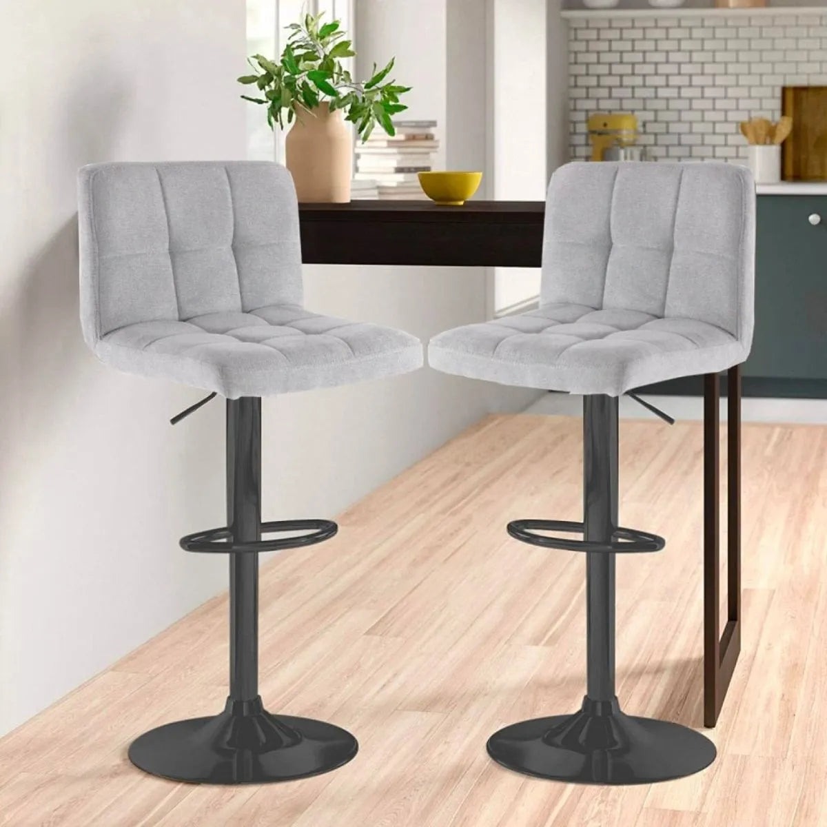Neo Grey Fabric Bar Stools With Matt Black Legs Set Of Two