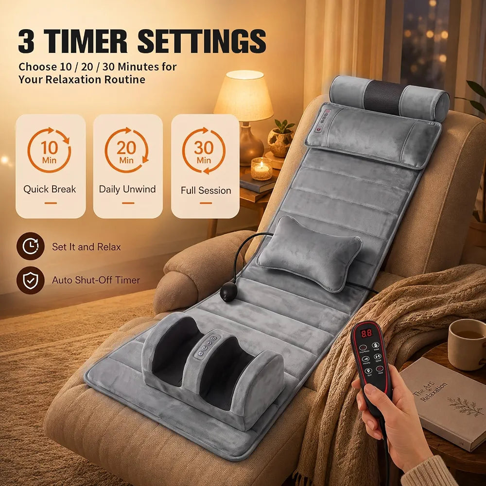 Full Body Massage Mattress – Heated Massage Mat with Detachable Foot Massager, 9 Vibrating Modes, 3 Heat Settings, Relieves Muscle Tension for Back, Neck & Legs, Timer