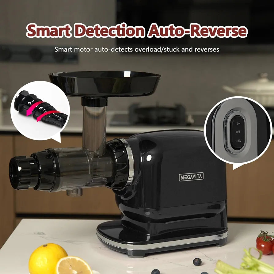 Cold Press Juicer Machine, MEGAVITA Slow Juicer Cold Press with Auger, Low Decibels Juicers for Whole Fruit and Vegetable,Black