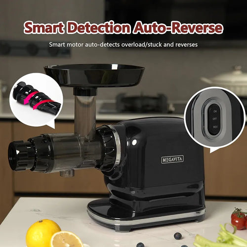 Cold Press Juicer Machine, MEGAVITA Slow Juicer Cold Press with Auger, Low Decibels Juicers for Whole Fruit and Vegetable,Black