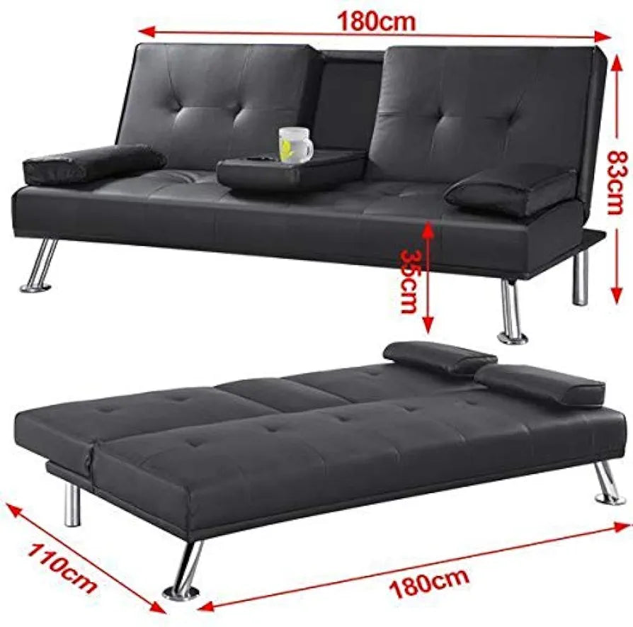 Yaheetech Click Clack Sofa Bed Faux Leather 3 Seater Sofa Couch Living Room/Spare Room/Guest Room Bed Settee With Cup Holders Black