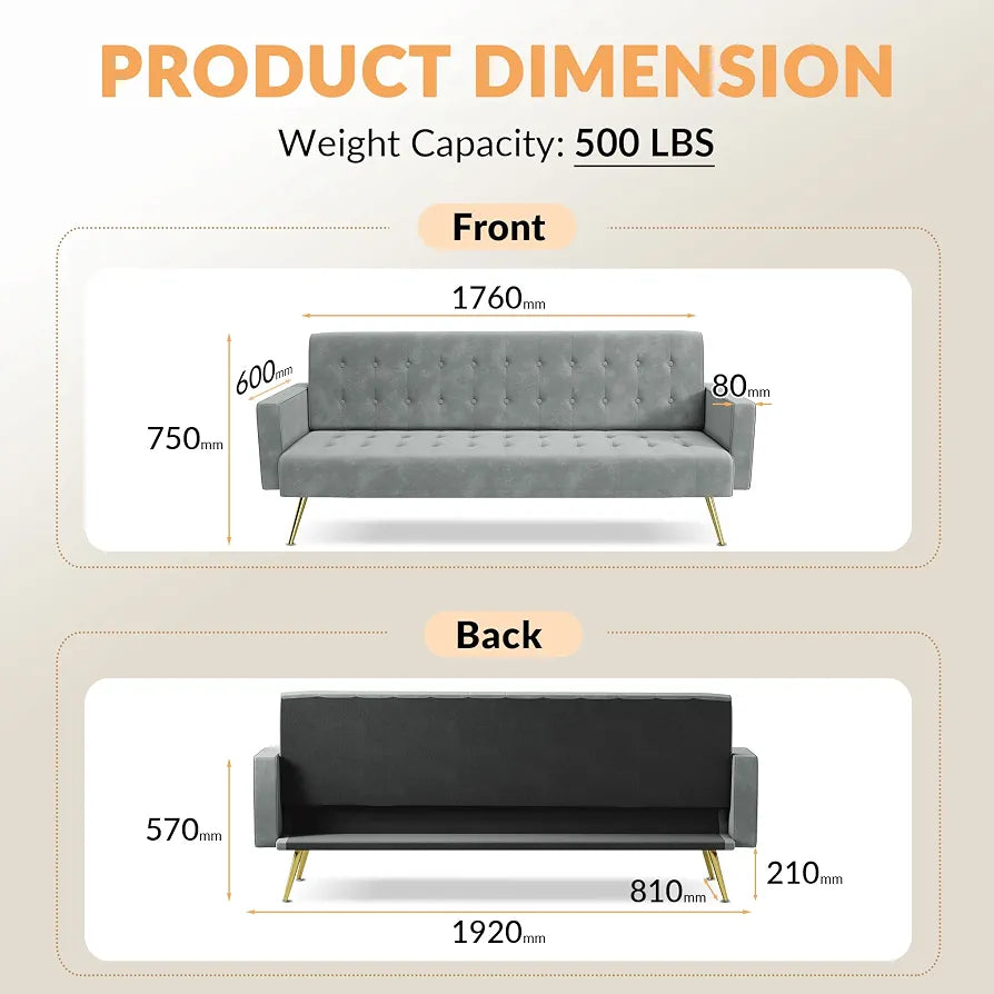 ELEGANT 3 Seater Sofa Bed 191cm, Grey Velvet Sofa Couch with Square Armrest