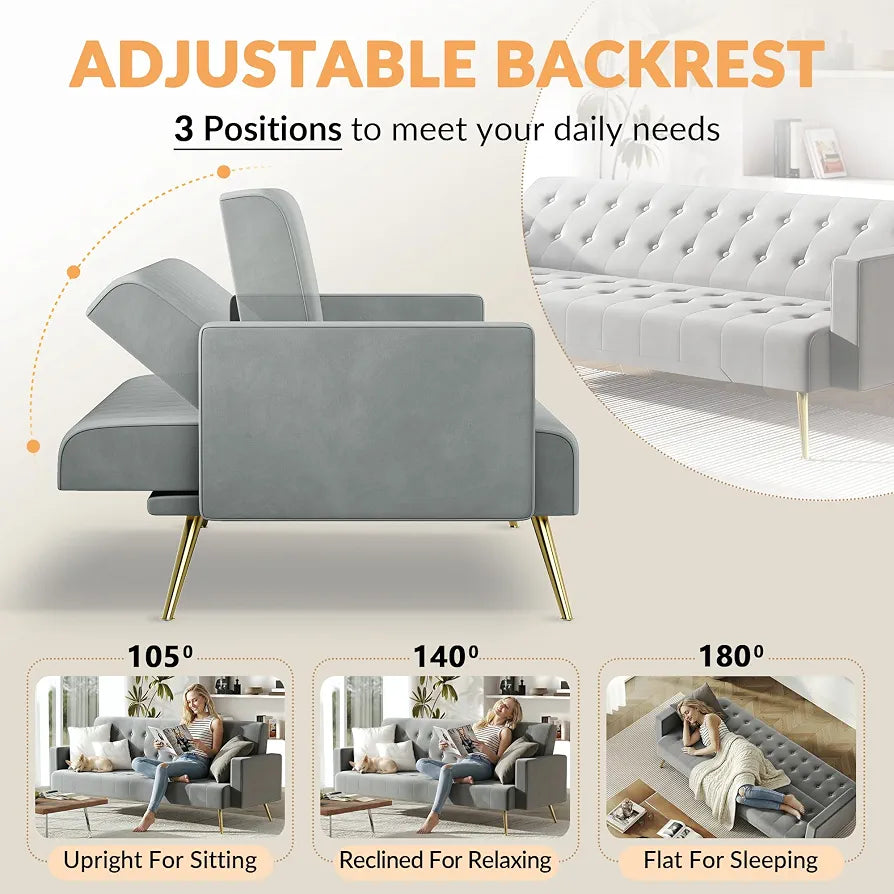 ELEGANT 3 Seater Sofa Bed 191cm, Grey Velvet Sofa Couch with Square Armrest