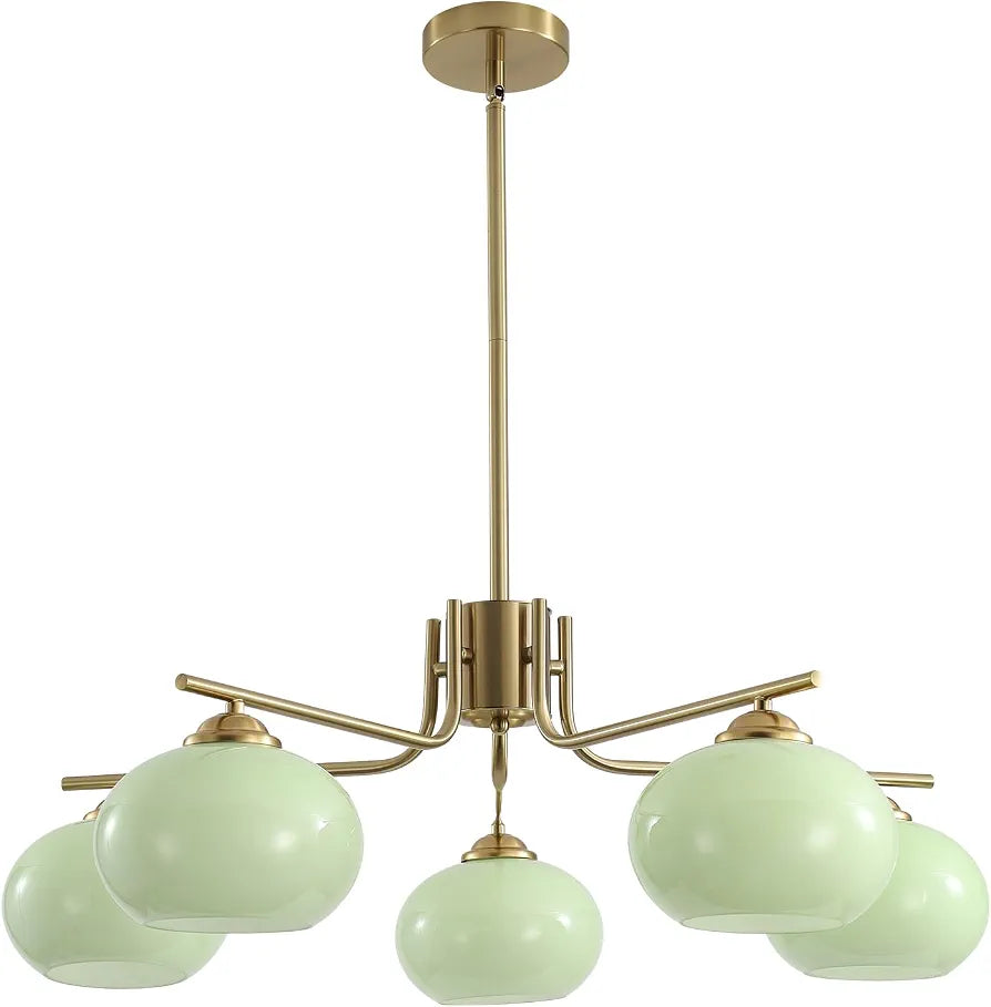 KCO Lighting Green Glass Pendant Light 5 Lights Large Globe Chandelier Brushed Brass Sputnik Chandeliers Mid Century Modern Chandelier Light Fixture for Dining Room Bedroom