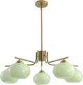 KCO Lighting Green Glass Pendant Light 5 Lights Large Globe Chandelier Brushed Brass Sputnik Chandeliers Mid Century Modern Chandelier Light Fixture for Dining Room Bedroom