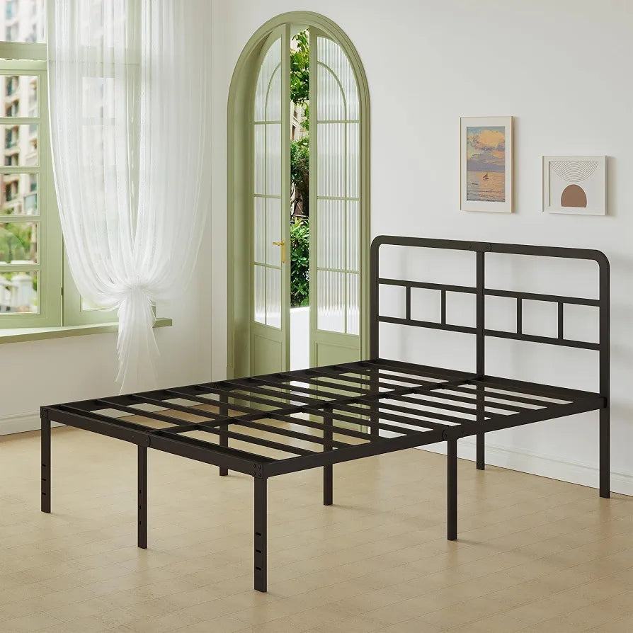 Lutown-Teen Metal Double Bed Frame with Headboard, 36 cm High, White