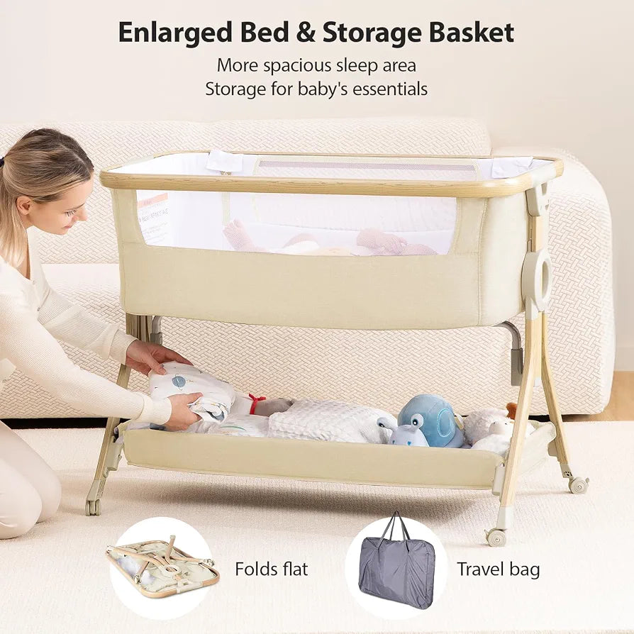 Larex Next To Me Crib，Baby Bassinet Bedside Sleeper Crib Co Sleeper with Mosquito Net, Storage Bag & Basket,Baby Crib with 5-Height Adjustable Levels, Breathable Mattress & Mesh