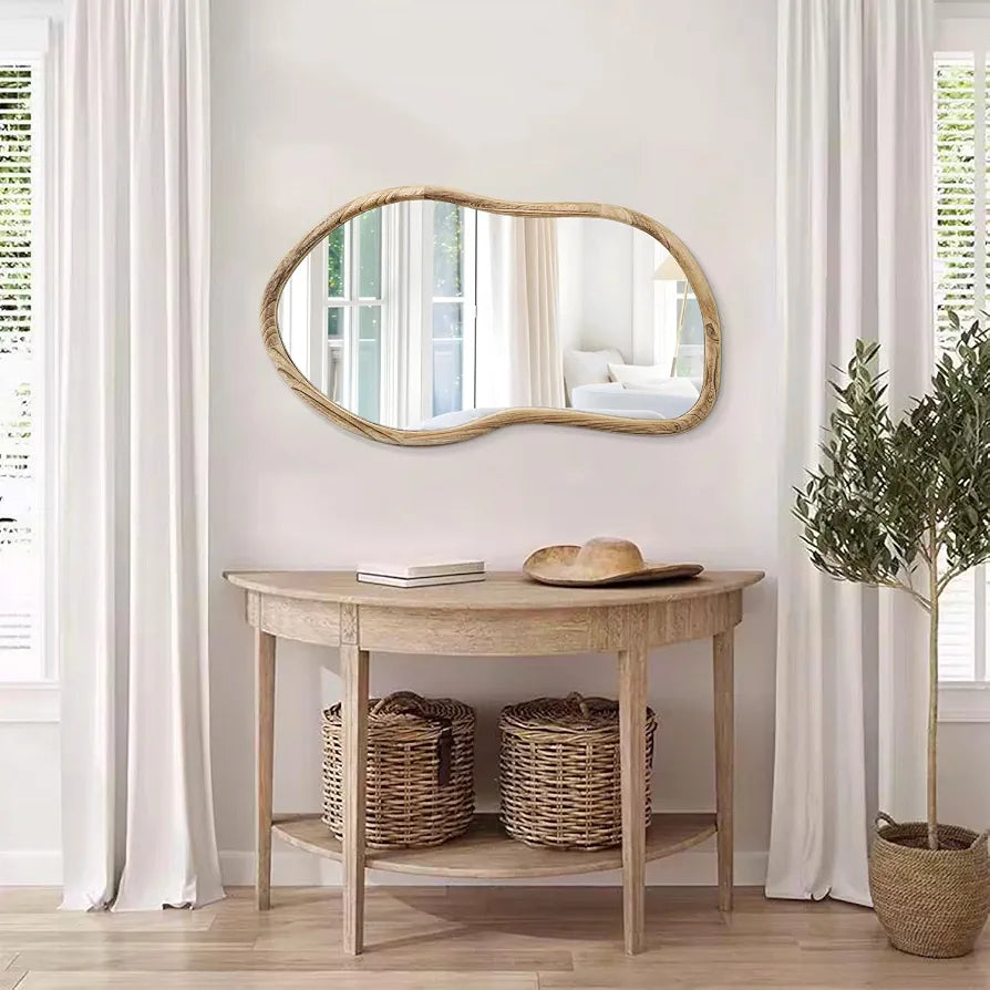 Irregular Mirror Farmhuose Rustic Bathroom Vanity Mirrors Asymmetrical Wall Mirror Natural Wood Abstract Mirrors for Wall Decor Living Room Bedroom