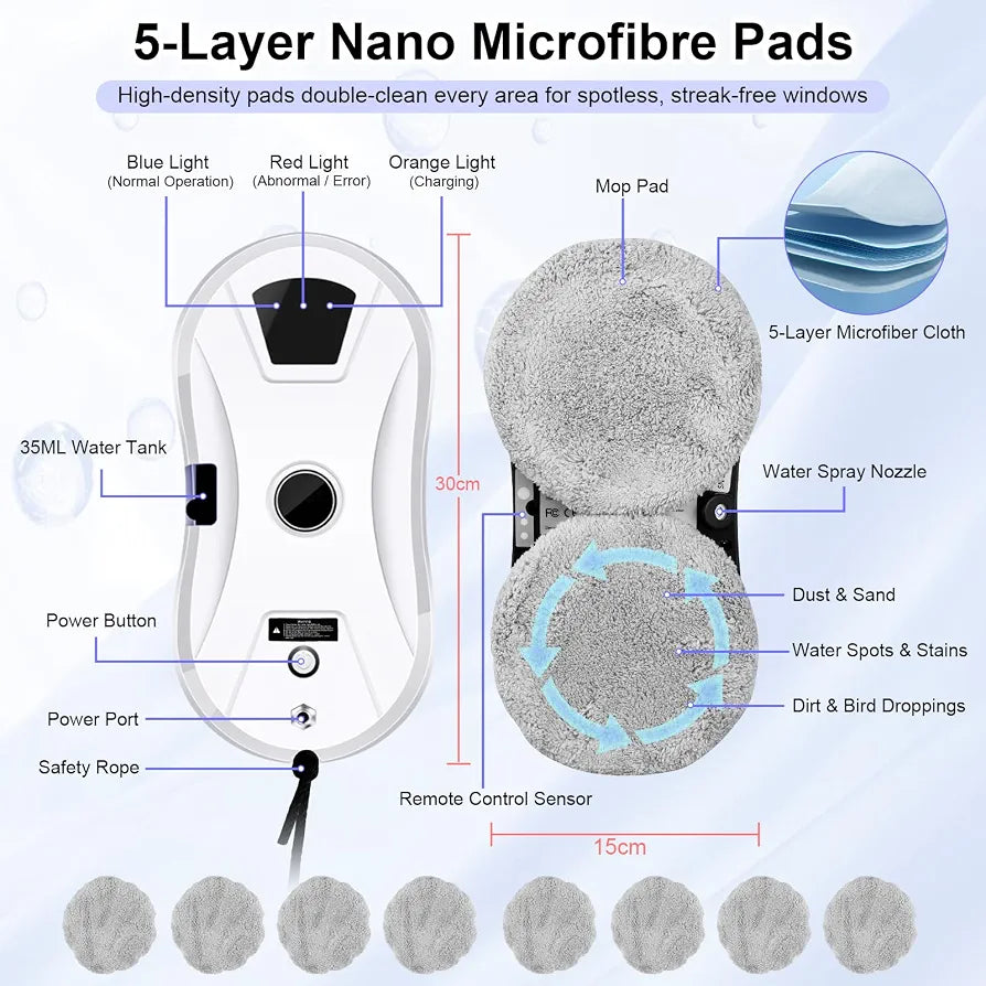 Robot Window Cleaner with Automatic Spraying System, 5600Pa Suction Power Window Cleaning Robot, Remote Control, 4M Safety Rope, Electric Glass Cleaner for Windows, Doors and Tiles