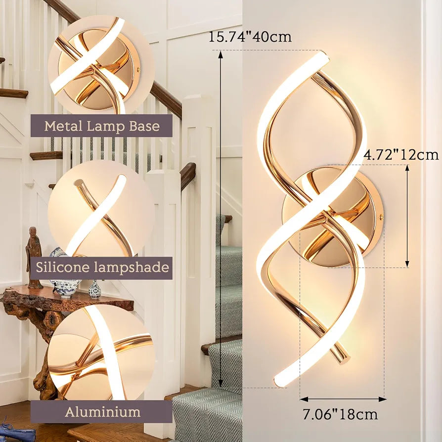 EIDISUNY Wall Lamp LED Gold Modern Elegant Spiral Indoor Wall Lights for Bedside Bedroom Living Room Hallway Wall Lighting Fixture Warm White Light 24W