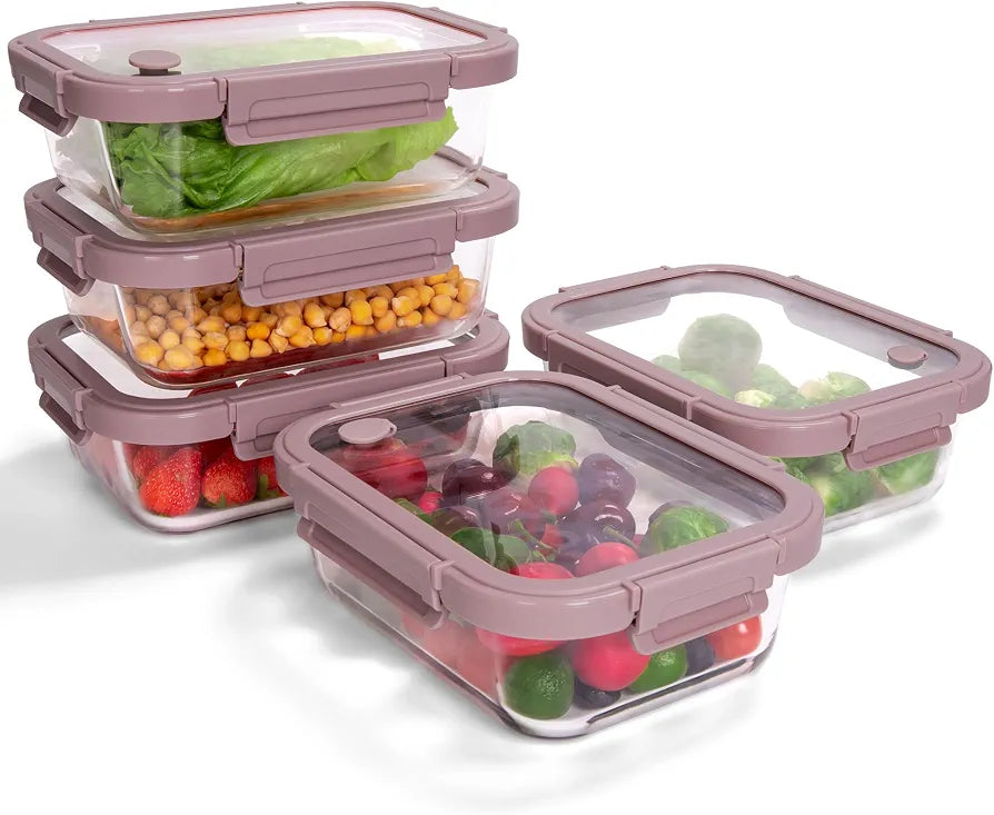 35.2oz Glass Meal Prep Containers with Snap Lock Lids  - Freezer to Oven Safe –20°C to 510°C, BPA-Free, Stackable, Vent Valve for Easy Open, Borosilicate Glass Baking Dish（Pink）
