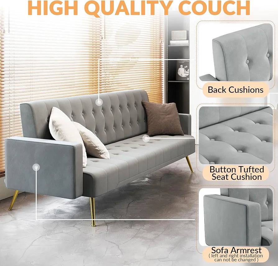 ELEGANT 3 Seater Sofa Bed 191cm, Grey Velvet Sofa Couch with Square Armrest