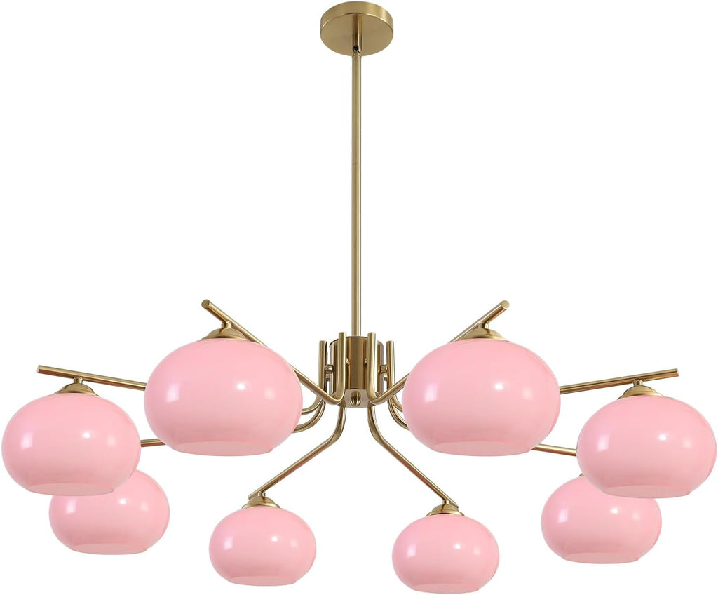 KCO Lighting Vintage Pink Glass Sputnik Chandelier with 8 Lights, Modern Living Room Brushed Brass Semi-Flush Mount Chandelier for Kitchen Island