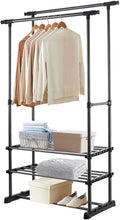 Hershii Adjustable Clothes Rack with 2 Shelves Double Rod Clothing Hanging Rail 85-140cm L Garment Storage Stand Coat Organizer for Bedroom, Living Room, Balcony