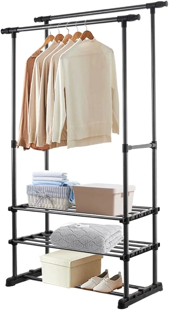 Hershii Adjustable Clothes Rack with 2 Shelves Double Rod Clothing Hanging Rail 85-140cm L Garment Storage Stand Coat Organizer for Bedroom, Living Room, Balcony