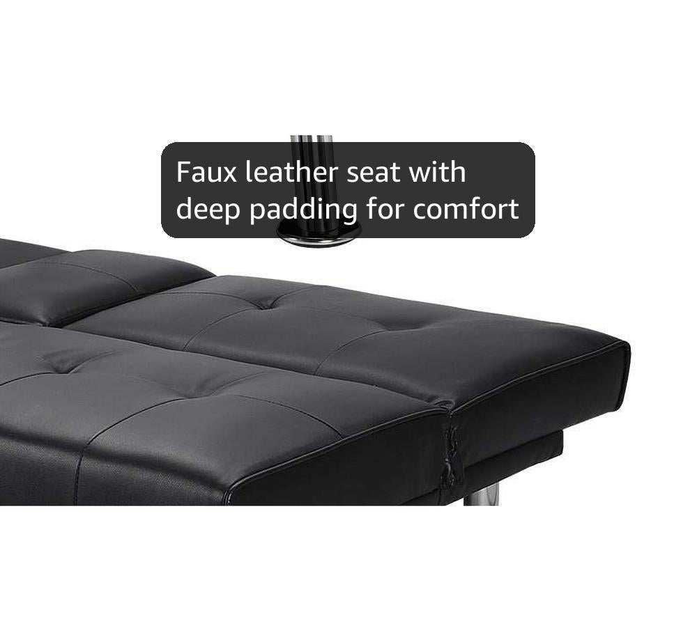 Yaheetech Click Clack Sofa Bed Faux Leather 3 Seater Sofa Couch Living Room/Spare Room/Guest Room Bed Settee With Cup Holders Black