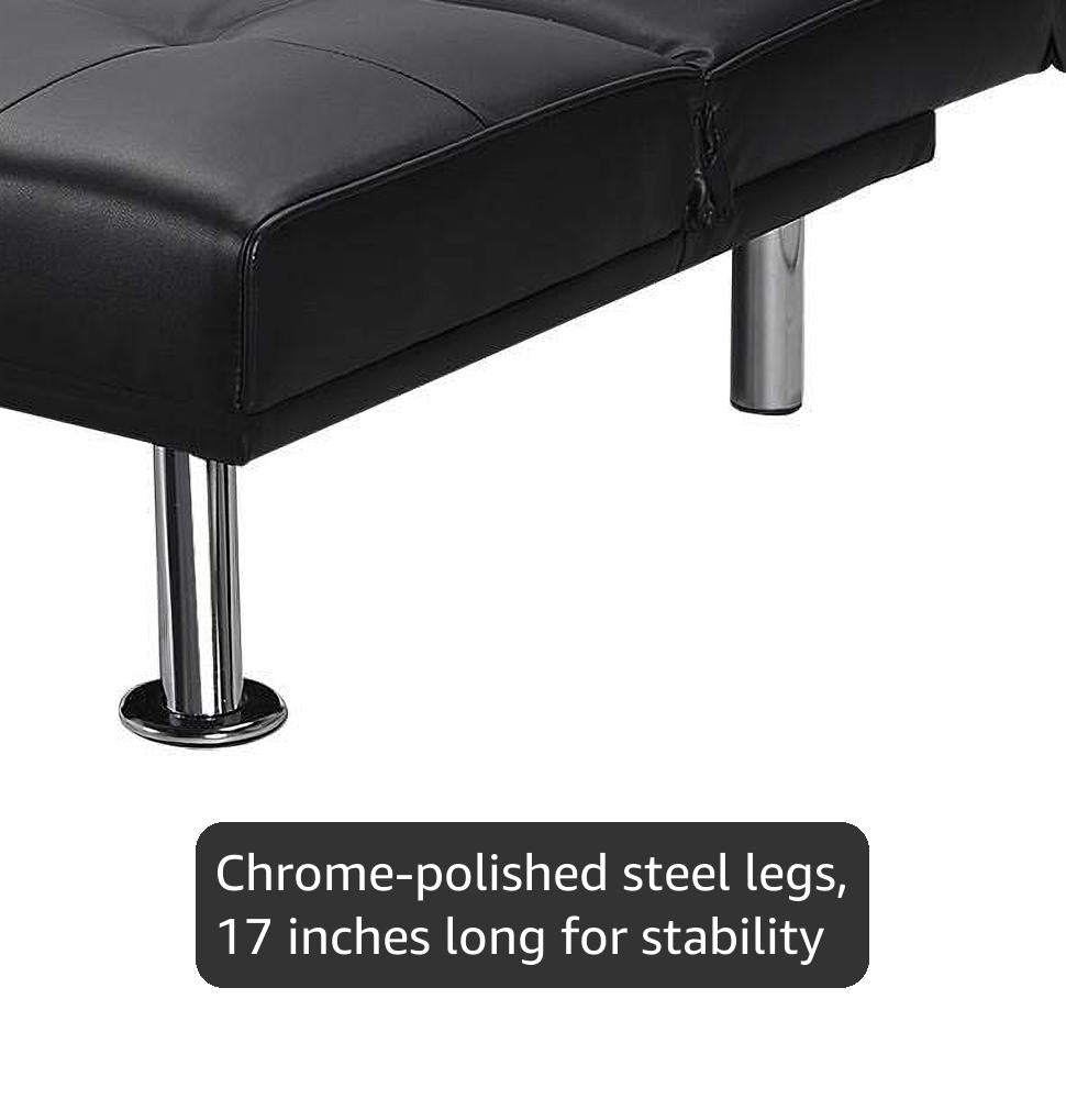 Yaheetech Click Clack Sofa Bed Faux Leather 3 Seater Sofa Couch Living Room/Spare Room/Guest Room Bed Settee With Cup Holders Black