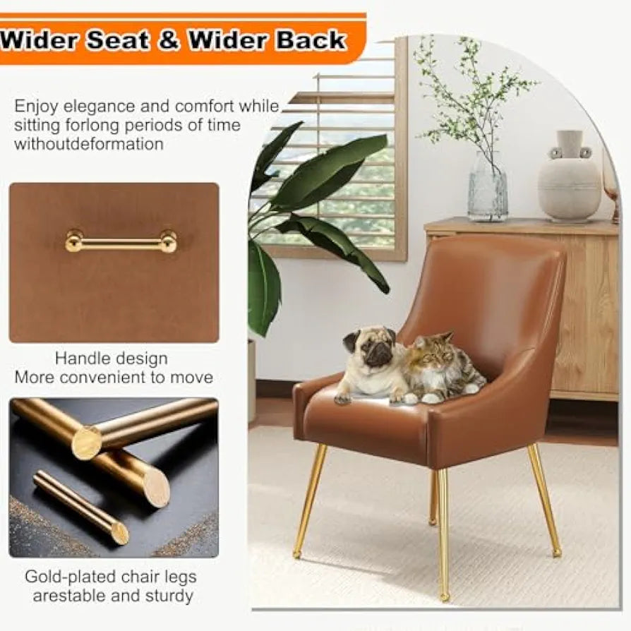 Dining Room Chair Set of 2, Mid-Century Faux Leather Accent Chairs with Metal Legs, Upholstered PU Leather, Luxury for Living Room and Restaurant
