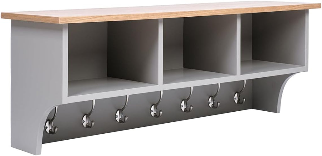 Floating Storage Shelf With Metal Hooks and Three Storage Cubbies 15.5 kg Grey