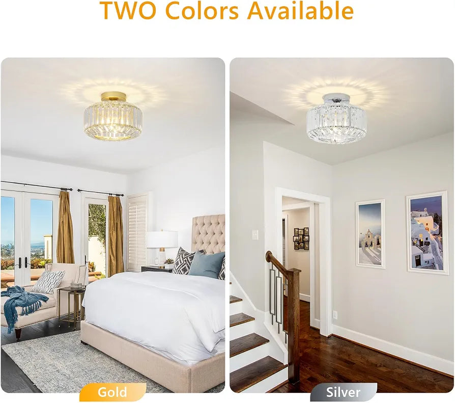 Rayofly Modern Crystal Chandeliers, Gold Ceiling Light Fitting with Glass Lampshade, Semi Flush Lights for Living Room, Bedroom, Kitchen, Hallway, Bathroom