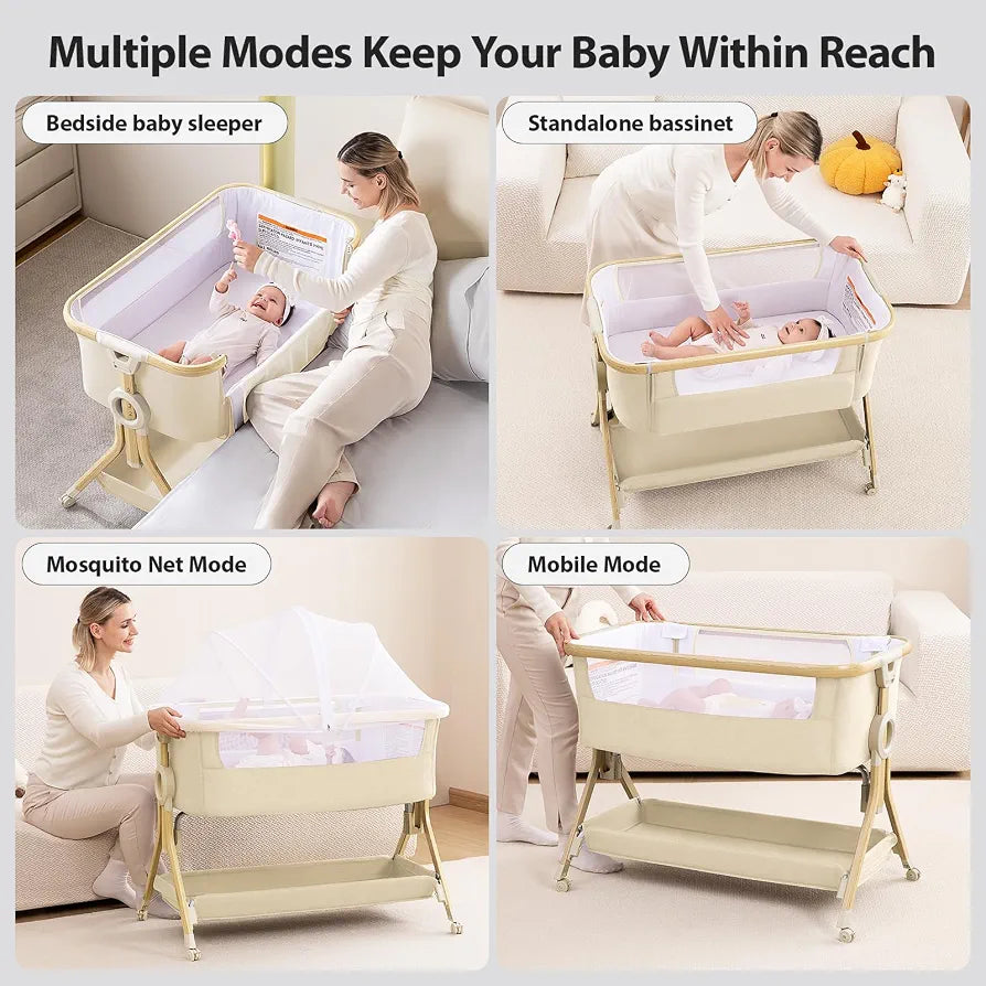 Larex Next To Me Crib，Baby Bassinet Bedside Sleeper Crib Co Sleeper with Mosquito Net, Storage Bag & Basket,Baby Crib with 5-Height Adjustable Levels, Breathable Mattress & Mesh
