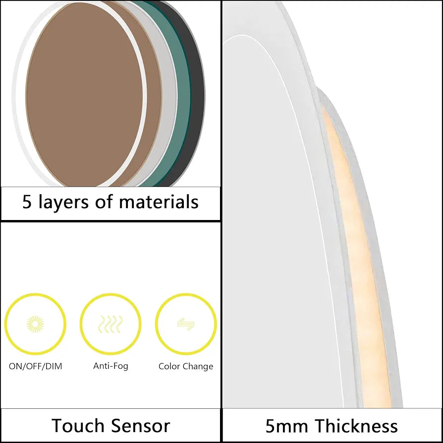 Bathroom LED Mirror Round 60cm Lighted Illuminated Backlit Light Up Mirror with Touch Switch Color Change Anti-Fog Wall Mounted