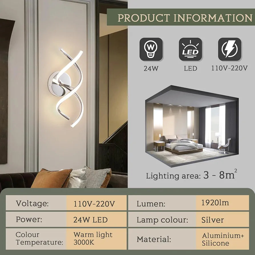 EIDISUNY Wall Lamp LED Silver Modern Elegant Spiral Indoor Wall Lights for Bedside Bedroom Living Room Hallway Bathroom Kitchen Wall Lighting Fixture - Chrome 24W 3000K Warm White Light