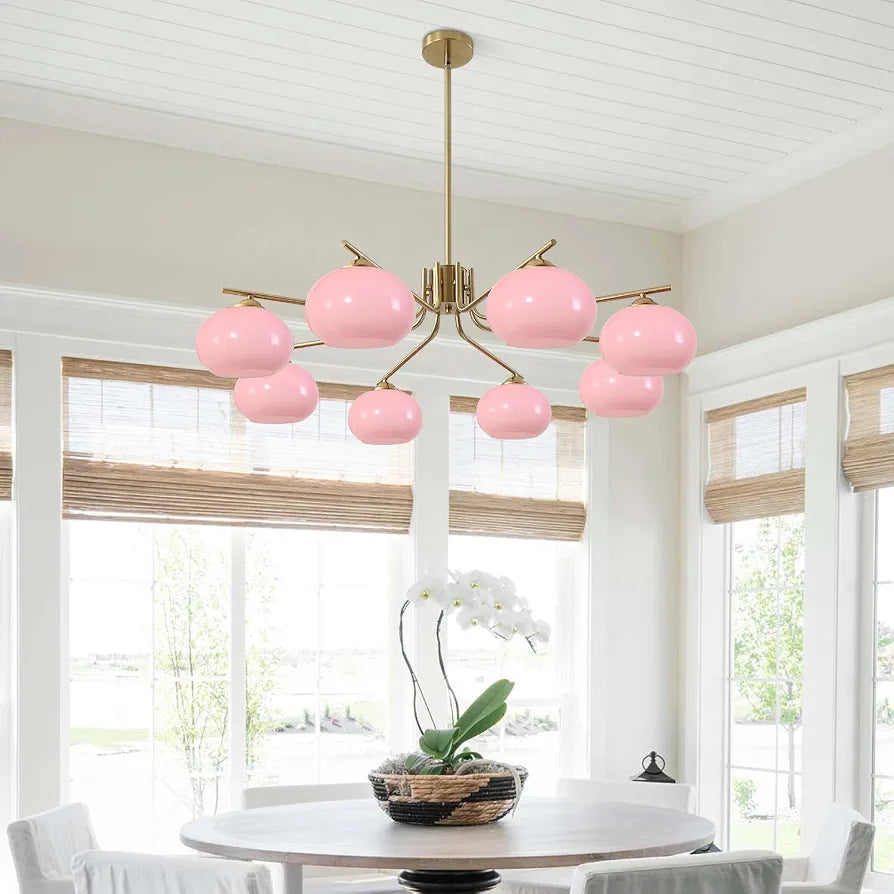 KCO Lighting Vintage Pink Glass Sputnik Chandelier with 8 Lights, Modern Living Room Brushed Brass Semi-Flush Mount Chandelier for Kitchen Island